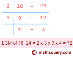 Find the LCM of 18 and 24 using common division method - step 1