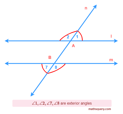 Exterior angles 1, 2, 7 and 8 formed by transversal line n