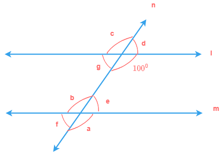 Find angles a, b, c, d, e, f and g if lines l parallel to m