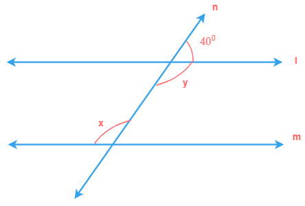Line l parallel to m. Find angles x and y