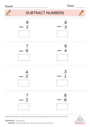 Thumbnail preview of Subtraction worksheet of Download Free Worksheets For Numbers 1 To 10 For Kids