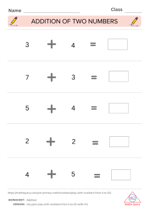 Thumbnail preview of Addition worksheet of Download Free Worksheets For Numbers 1 To 10 For Kids