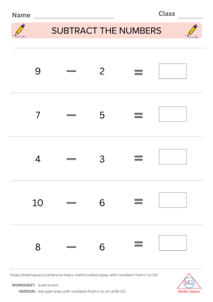 Thumbnail preview of Subtraction worksheet of Download Free Worksheets For Numbers 1 To 10 For Kids