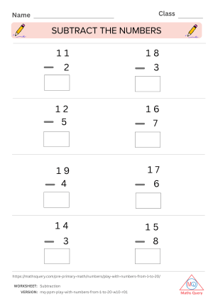 Thumbnail preview of Subtraction worksheet of Learn And Practice Numbers 1 To 20 With Colorful Worksheets