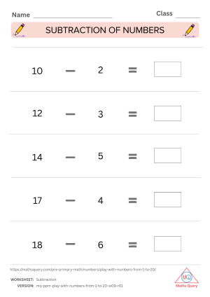 Thumbnail preview of Subtraction worksheet of Learn And Practice Numbers 1 To 20 With Colorful Worksheets