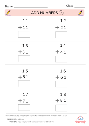 Thumbnail preview of Addition worksheet of Learn The Foundational Concepts of Numbers 1 To 50 For Kids