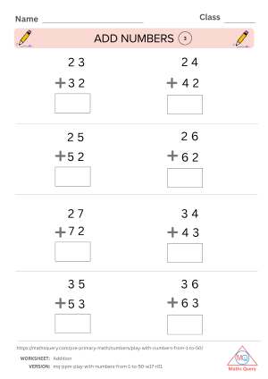 Thumbnail preview of Addition worksheet of Learn The Foundational Concepts of Numbers 1 To 50 For Kids