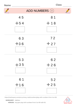 Thumbnail preview of Addition worksheet of Learn The Foundational Concepts of Numbers 1 To 50 For Kids