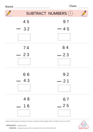 Thumbnail preview of Subtraction worksheet of Learn The Foundational Concepts of Numbers 1 To 50 For Kids