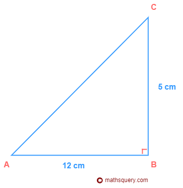 Triangle ABC right angled at B with base=12cm, perpendicular=5cm