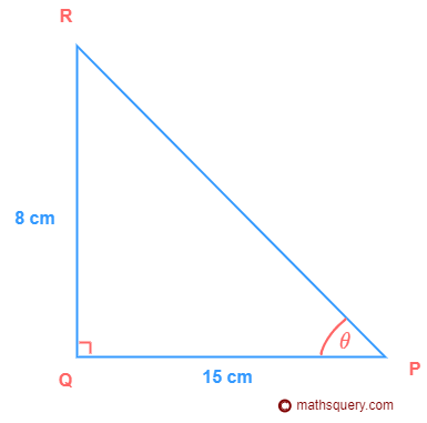 Triangle PQR right angled at Q with base=15cm, perpendicular=8cm