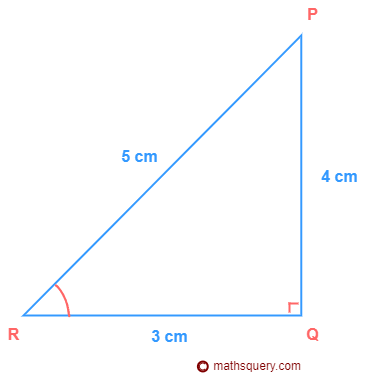 Triangle PQR right angled at Q with base=4cm, perpendicular=3cm