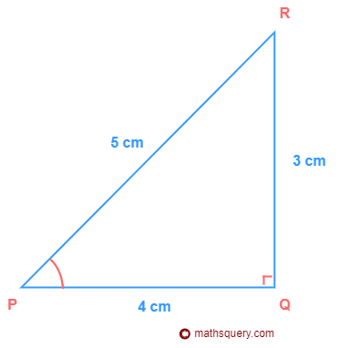 Triangle PQR right angled at Q with base=4cm, perpendicular=3cm